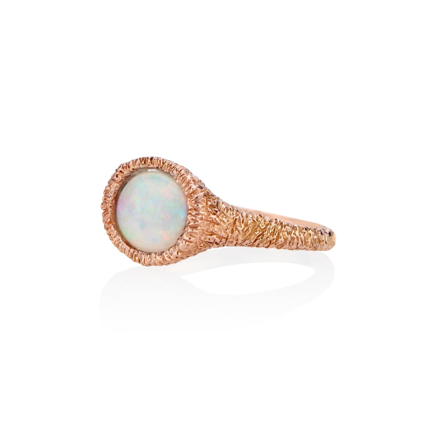 Fire Opal Signet Ring With Organic Tree Bark Texture