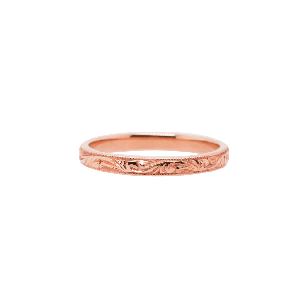 
                      
                        The Scroll 2.5mm Hand Engraved Stackable Wedding Band
                      
                    