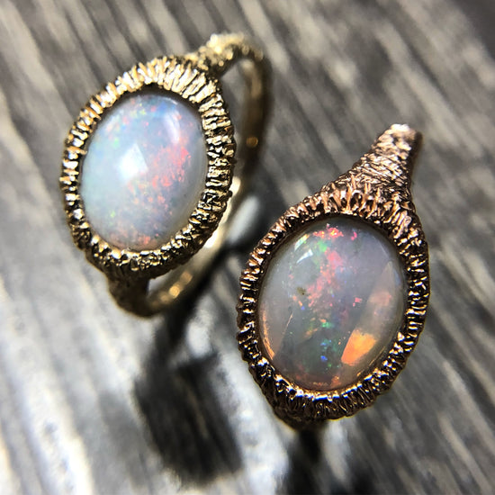 Fire Opal Signet Ring With Organic Tree Bark Texture