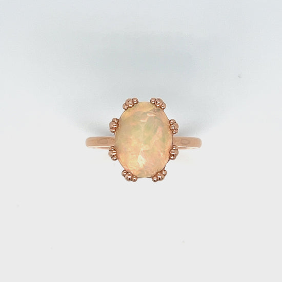 Load and play video in Gallery viewer, Australian Fire Opal With A Rose Gold Victorian Hand Engraved Hidden Halo
